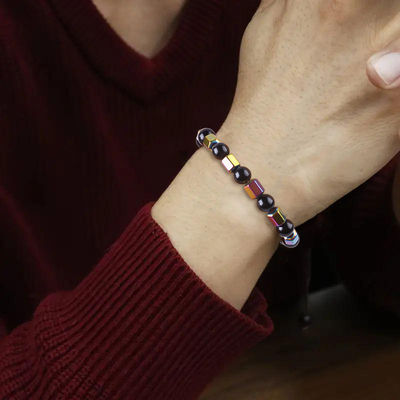 8 มิลลิเมตร ทําด้วยมือธรรมชาติ ยืดหยุ่นหินคริสตัล Obsidian Hematite ธูปข้อมือ