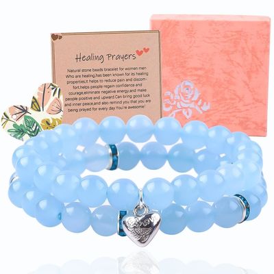 8 มิลลิเมตร Amethyst Blue Aquamarine หินแท้ สร้อยข้อมือ คริสตัล Healing