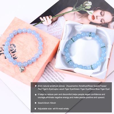 8 มิลลิเมตร Amethyst Blue Aquamarine หินแท้ สร้อยข้อมือ คริสตัล Healing