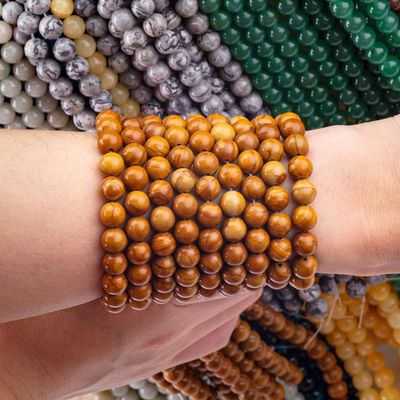 สีเหลืองไม้-เมล็ดกลมข้อมูลอิสระ คริสตัลเพชรหินไม้ Jasper สายข้อมูลอิสระสําหรับการทําเครื่องประดับ DIY