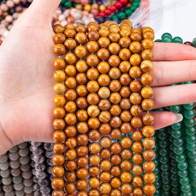สีเหลืองไม้-เมล็ดกลมข้อมูลอิสระ คริสตัลเพชรหินไม้ Jasper สายข้อมูลอิสระสําหรับการทําเครื่องประดับ DIY
