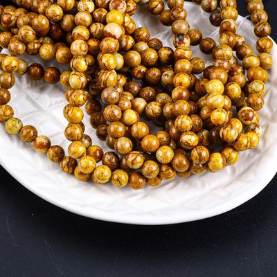 สีเหลืองไม้-เมล็ดกลมข้อมูลอิสระ คริสตัลเพชรหินไม้ Jasper สายข้อมูลอิสระสําหรับการทําเครื่องประดับ DIY