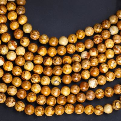สีเหลืองไม้-เมล็ดกลมข้อมูลอิสระ คริสตัลเพชรหินไม้ Jasper สายข้อมูลอิสระสําหรับการทําเครื่องประดับ DIY