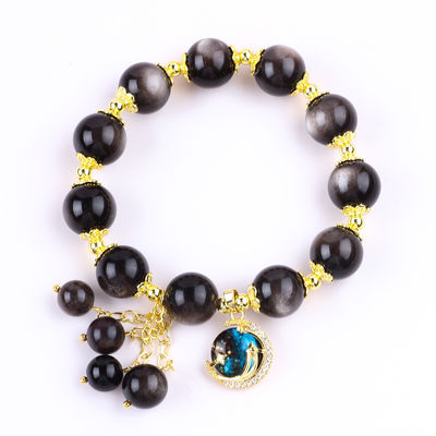 หินแท้ 12 มม เงิน Obsidian ดาวกลมกับจันทร์ Charm สร้อยข้อมือข้อมือข้อมือ