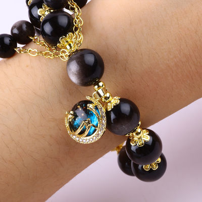 หินแท้ 12 มม เงิน Obsidian ดาวกลมกับจันทร์ Charm สร้อยข้อมือข้อมือข้อมือ