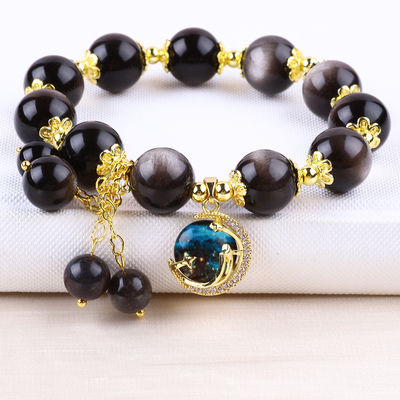 หินแท้ 12 มม เงิน Obsidian ดาวกลมกับจันทร์ Charm สร้อยข้อมือข้อมือข้อมือ