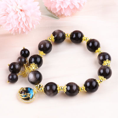 หินแท้ 12 มม เงิน Obsidian ดาวกลมกับจันทร์ Charm สร้อยข้อมือข้อมือข้อมือ