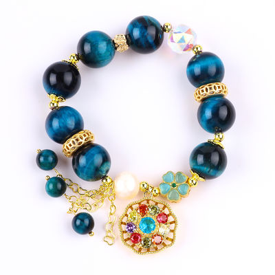 14MM Energy Healing Crystal Blue Tiger Eye Flower Spinner Charm Bead Bracelet สําหรับการสวมทุกวัน