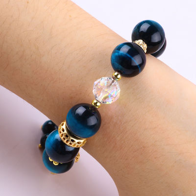 14MM Energy Healing Crystal Blue Tiger Eye Flower Spinner Charm Bead Bracelet สําหรับการสวมทุกวัน