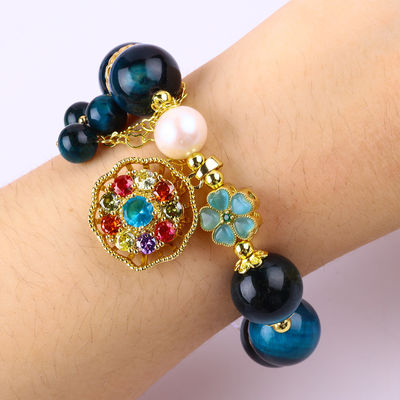 14MM Energy Healing Crystal Blue Tiger Eye Flower Spinner Charm Bead Bracelet สําหรับการสวมทุกวัน