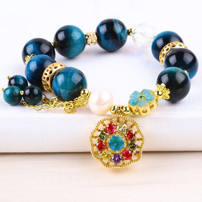 14MM Energy Healing Crystal Blue Tiger Eye Flower Spinner Charm Bead Bracelet สําหรับการสวมทุกวัน