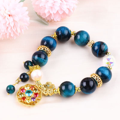 14MM Energy Healing Crystal Blue Tiger Eye Flower Spinner Charm Bead Bracelet สําหรับการสวมทุกวัน