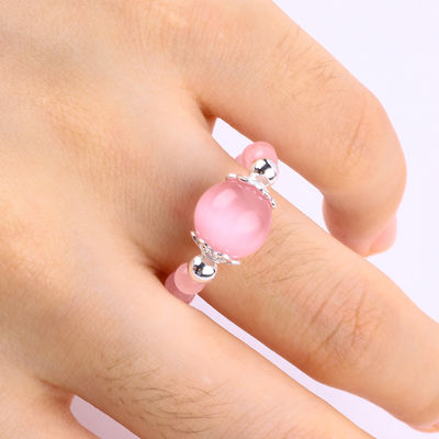 4 มิลลิเมตร ทําด้วยมือหินแท้ แหวนข้อมือ ปรับได้ ยืดหยุ่น สีชมพู แหวนหินตาแมว สําหรับงานเลี้ยง