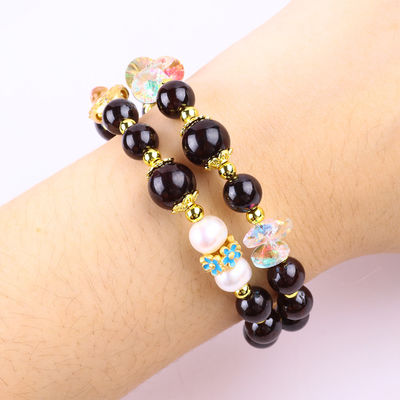 Custom DIY 8MM กราเน็ตและเพชรสีขาว กับดอกไม้ Spacer กลีบสองข้อมือสําหรับการสวมทุกวัน