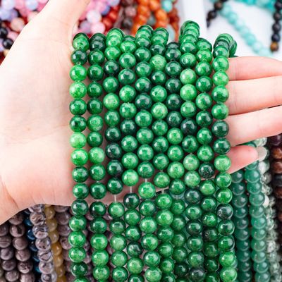 คริสตัลธรรมชาติสีเขียวเข้ม Jadeite 8MM กลมหินหินหินหินสําหรับการทําเครื่องประดับ DIY