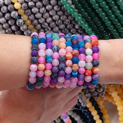 สีรุ้งสภาพแวดล้อม Agate สายข้อมูลกระสุนลอย หินแซมเพชร แมท Frosted Cracked Agate สําหรับการทําเครื่องประดับ DIY