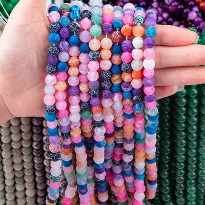 สีรุ้งสภาพแวดล้อม Agate สายข้อมูลกระสุนลอย หินแซมเพชร แมท Frosted Cracked Agate สําหรับการทําเครื่องประดับ DIY