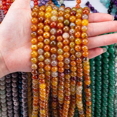 สีธรรมชาติที่มืดมืด สีเหลือง Dragon Agate 8MM กลม ผงหอมสําหรับเครื่องประดับและกุญแจมือ