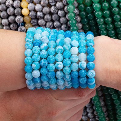 Blue Weathered Agate Loose Bead Strands Semi Precious Stone Matt Frosted Cracked Agate สําหรับการทําเครื่องประดับ DIY
