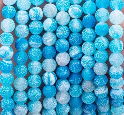 Blue Weathered Agate Loose Bead Strands Semi Precious Stone Matt Frosted Cracked Agate สําหรับการทําเครื่องประดับ DIY