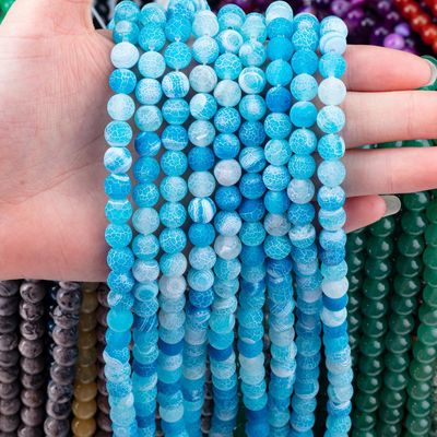 Blue Weathered Agate Loose Bead Strands Semi Precious Stone Matt Frosted Cracked Agate สําหรับการทําเครื่องประดับ DIY