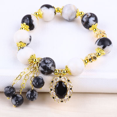 12 มิลลิเมตร สีดําและสีขาว Zebra Jasper การรักษาข้อมือข้อมือสําหรับสมาธิ