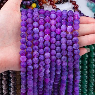 สีม่วง สีสภาพแวดล้อม Agate สายขนมลอย หินแคร์เพชร แมท Frosted Cracked Agate สําหรับการทําเครื่องประดับ DIY
