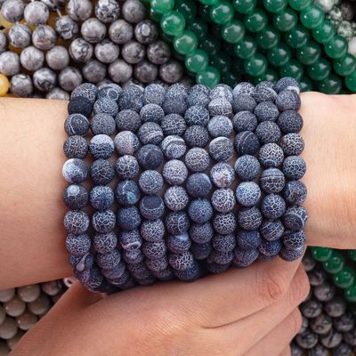 สีดําสับ Agate สายข้อมูลกระสุนลอย หินแซมเพชร แมท Frosted แคร็ค Agate สําหรับการทําเครื่องประดับ DIY