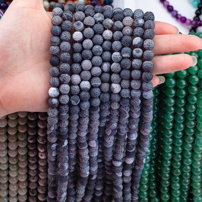 สีดําสับ Agate สายข้อมูลกระสุนลอย หินแซมเพชร แมท Frosted แคร็ค Agate สําหรับการทําเครื่องประดับ DIY