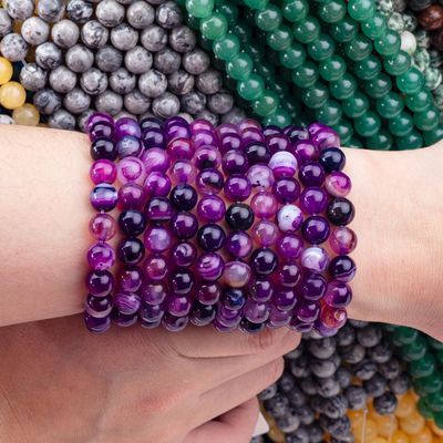 สีม่วง สีขีด สีอากาท รักษา 8 มิลลิเมตร กลม ลูกขุนหินแท้สําหรับการให้ของขวัญ
