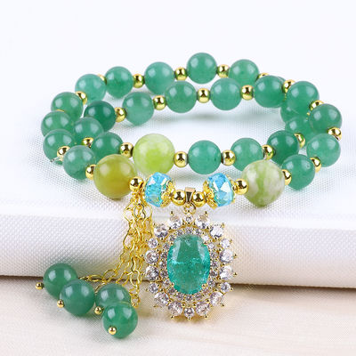 รูปทรงโอวาล สีเขียว Aventurine หินข้อมือข้อมือข้อมือ 2 ชั้น