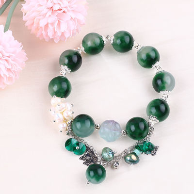 สร้อยข้อมือหินแท้ สร้อยข้อมือหินแคลเซโดนีสีเขียว สร้อยข้อมือปรับได้ สร้อยข้อมือสําหรับการสวมทุกวัน