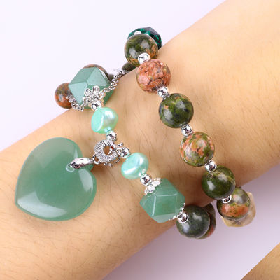 สร้อยข้อมือหินแท้ สร้อยข้อมือหินธรรมชาติ สร้อยข้อมือหิน Unakite สร้อยข้อมือที่ปรับได้ หัวใจสีเขียว Aventurine Charms สร้อยข้อมือสําหรับ P