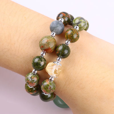 สร้อยข้อมือหินแท้ สร้อยข้อมือหินธรรมชาติ สร้อยข้อมือหิน Unakite สร้อยข้อมือที่ปรับได้ หัวใจสีเขียว Aventurine Charms สร้อยข้อมือสําหรับ P