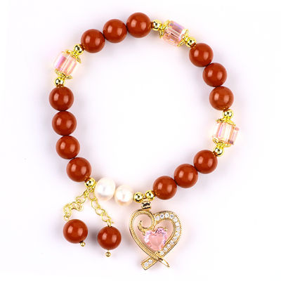 8MM แท้ สีแดง มะเขือเทศ น้ําหวาน เพชรสีชมพู หัวใจ Charm เนียนกลมข้อมือสําหรับเพื่อนของขวัญ