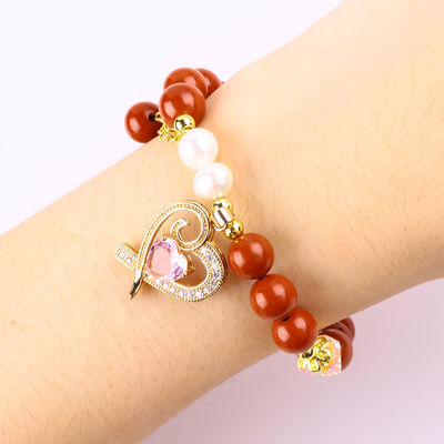 8MM แท้ สีแดง มะเขือเทศ น้ําหวาน เพชรสีชมพู หัวใจ Charm เนียนกลมข้อมือสําหรับเพื่อนของขวัญ