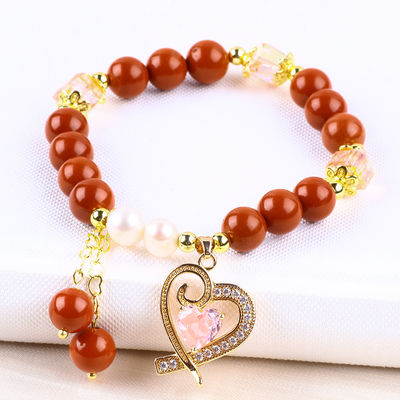 8MM แท้ สีแดง มะเขือเทศ น้ําหวาน เพชรสีชมพู หัวใจ Charm เนียนกลมข้อมือสําหรับเพื่อนของขวัญ