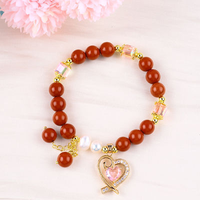 8MM แท้ สีแดง มะเขือเทศ น้ําหวาน เพชรสีชมพู หัวใจ Charm เนียนกลมข้อมือสําหรับเพื่อนของขวัญ