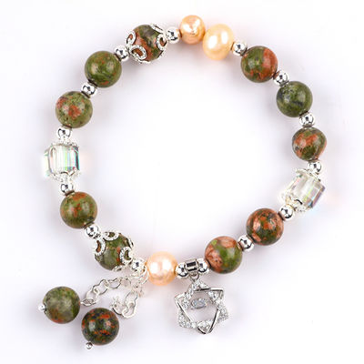 หิน Unakite และมุกสีชมพู กับดารา Charm การรักษาสมดุล สร้อยข้อมือข้อมือสําหรับของขวัญเครื่องประดับ