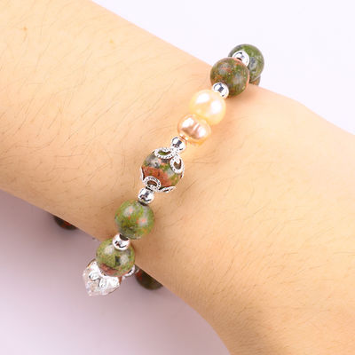 หิน Unakite และมุกสีชมพู กับดารา Charm การรักษาสมดุล สร้อยข้อมือข้อมือสําหรับของขวัญเครื่องประดับ