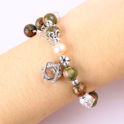 หิน Unakite และมุกสีชมพู กับดารา Charm การรักษาสมดุล สร้อยข้อมือข้อมือสําหรับของขวัญเครื่องประดับ