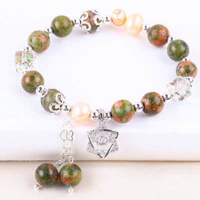 หิน Unakite และมุกสีชมพู กับดารา Charm การรักษาสมดุล สร้อยข้อมือข้อมือสําหรับของขวัญเครื่องประดับ