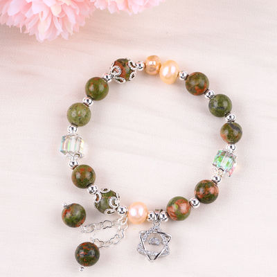 หิน Unakite และมุกสีชมพู กับดารา Charm การรักษาสมดุล สร้อยข้อมือข้อมือสําหรับของขวัญเครื่องประดับ
