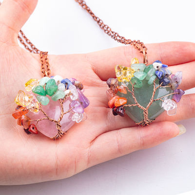 ดํา Obsidian หัวใจ หินแท้ Chakra ต้นไม้แห่งชีวิต Pendant Necklace
