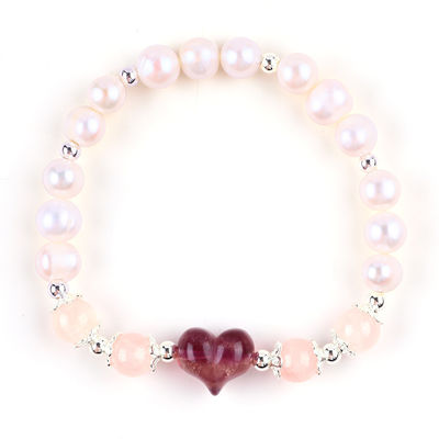 8MM สีชมพู น้ําหวาน มุกยืด สร้อยข้อมือ หัวใจ คริสตัลสลัก