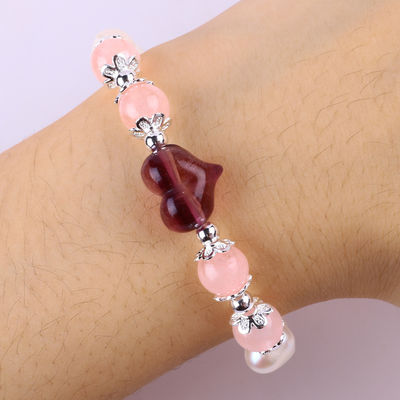 8MM สีชมพู น้ําหวาน มุกยืด สร้อยข้อมือ หัวใจ คริสตัลสลัก