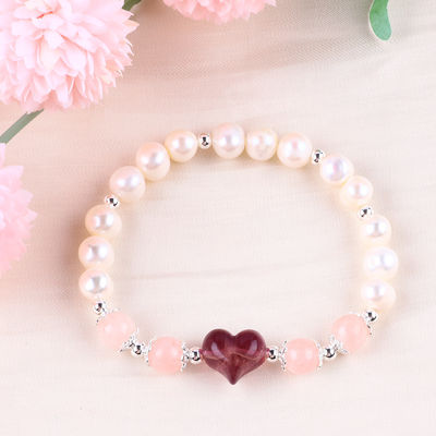 8MM สีชมพู น้ําหวาน มุกยืด สร้อยข้อมือ หัวใจ คริสตัลสลัก