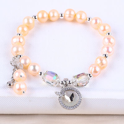 7 มิลลิเมตร สร้อยข้อมือสีชมพู Pearl Stretch With White Shell ยอมรับการปรับแต่ง