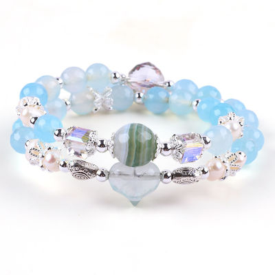 8MM Multifaced Blue Agate รูปทรงกลมข้อมือและน้ําหวานสีขาว Pearl ปรับข้อมือ