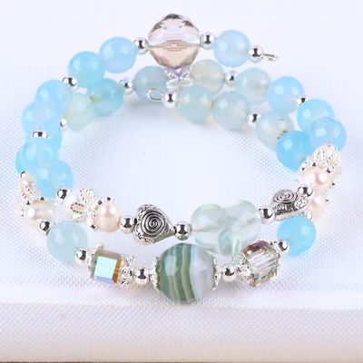 8MM Multifaced Blue Agate รูปทรงกลมข้อมือและน้ําหวานสีขาว Pearl ปรับข้อมือ